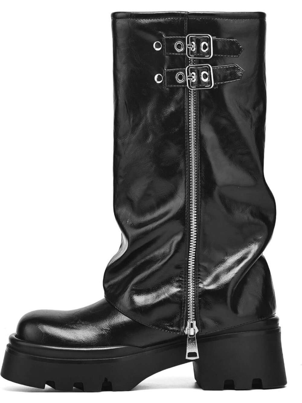 Women's Black Faux Leather Knee High Moto Boots Wide Calf Platform Buckle Boots - Picture 4 of 6